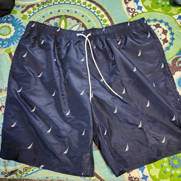Nautica Navy Blue Swim Shorts with Sailboat Print - Picture 3 of 9